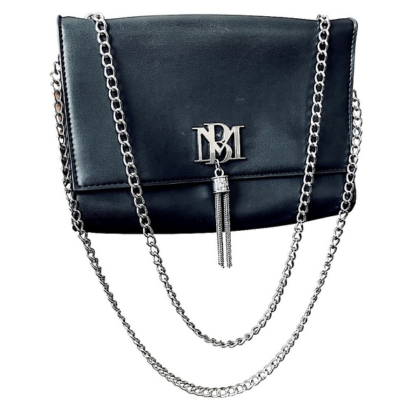 BADGLEY MISHKA - Black Vegan Leather with Gun Metal Hardware Logo, Tassel, Strap - Picture 11 of 16